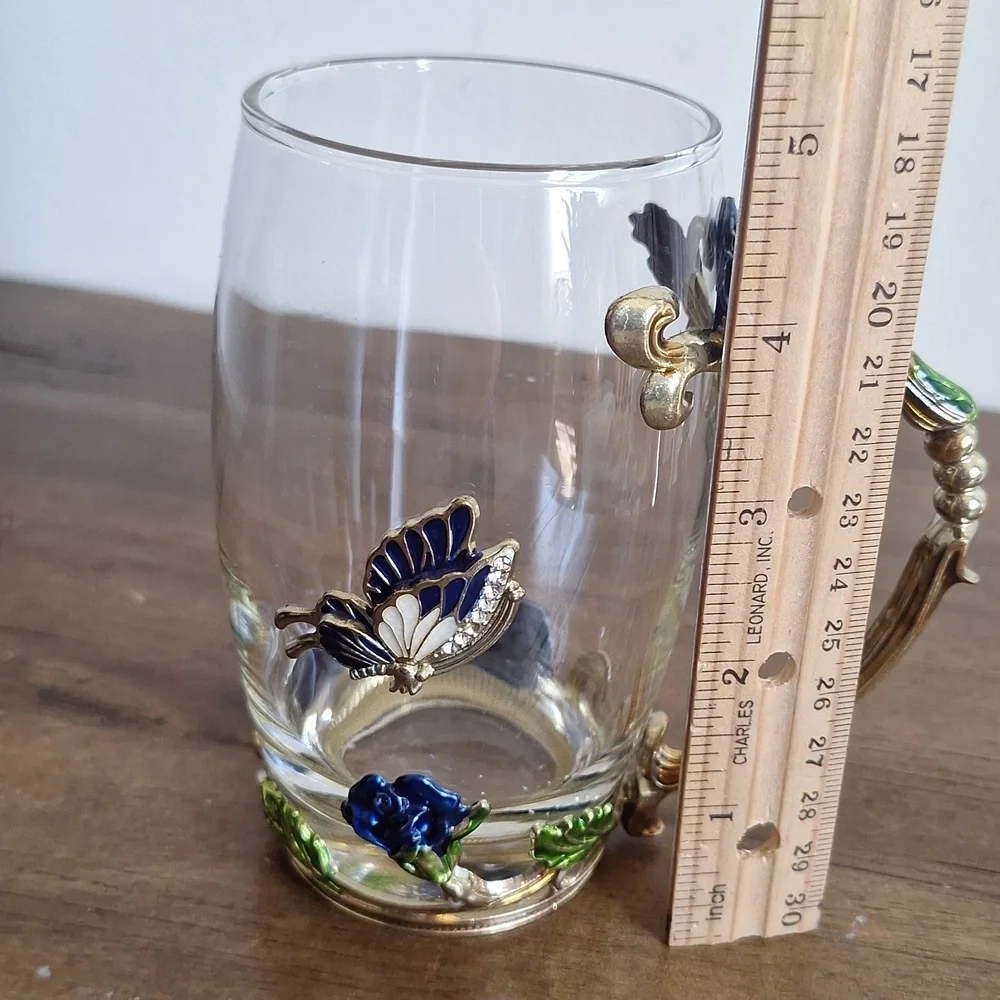 ​Enamel Blue Rose & Butterfly Glass Tea Mug | Vintage Style Floral Coffee Cup